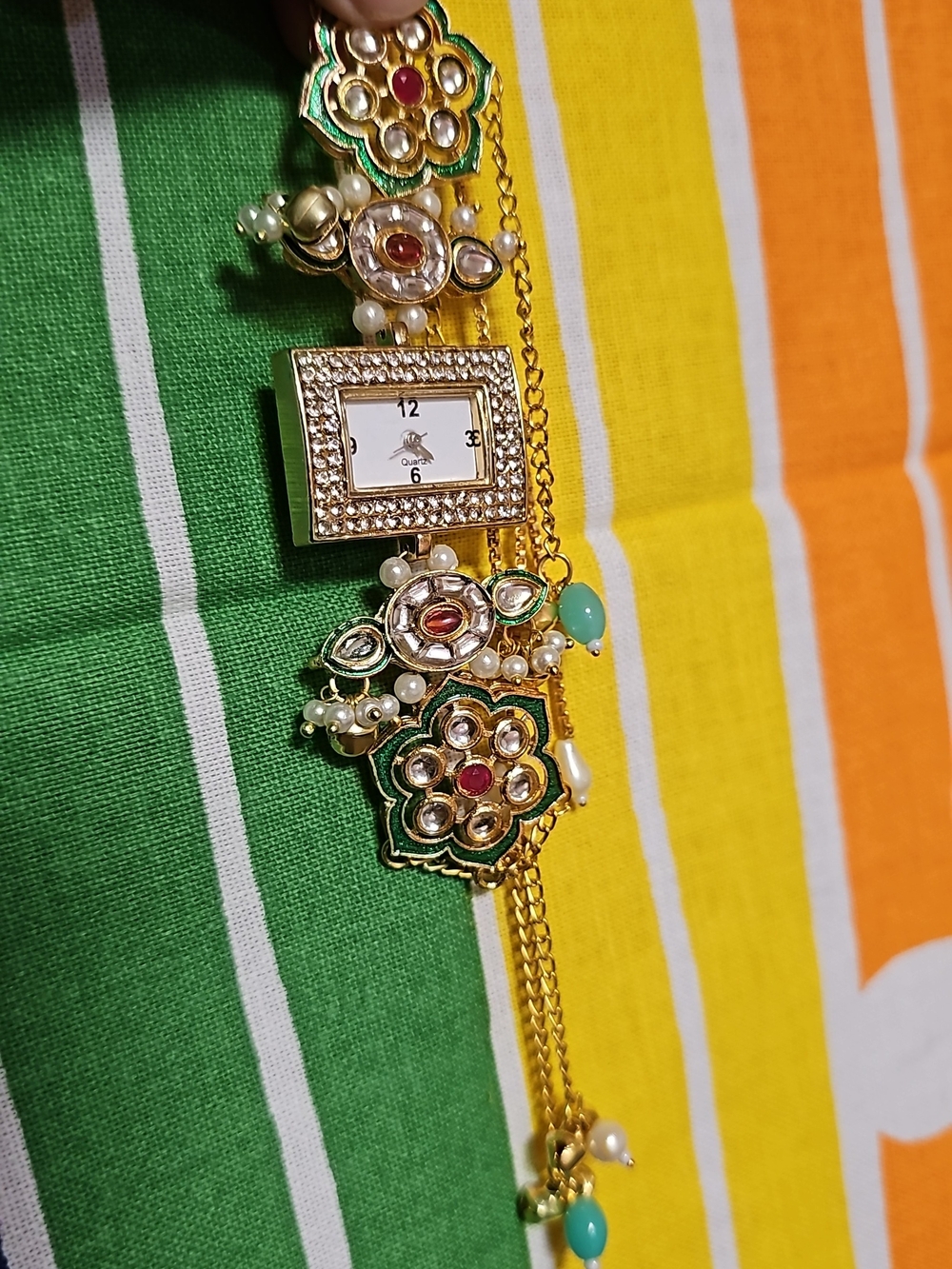 Gold-Tone Kundan Floral Bracelet Watch - Green and Red